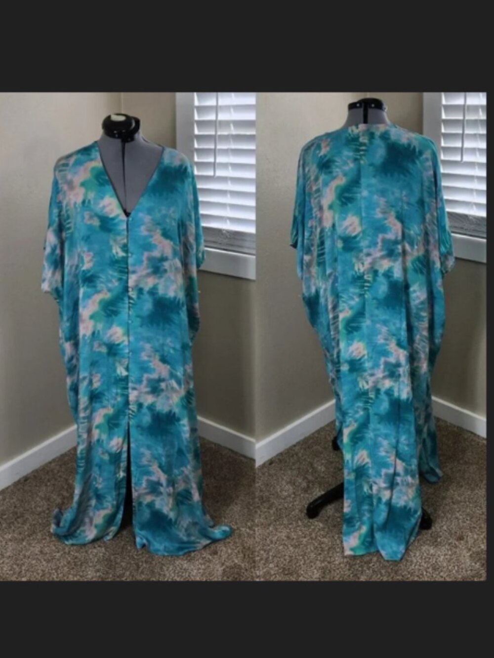 Calme V-Neck Maxi Kaftan Dress L/XL Blue Tie Dye Rayon NWOT